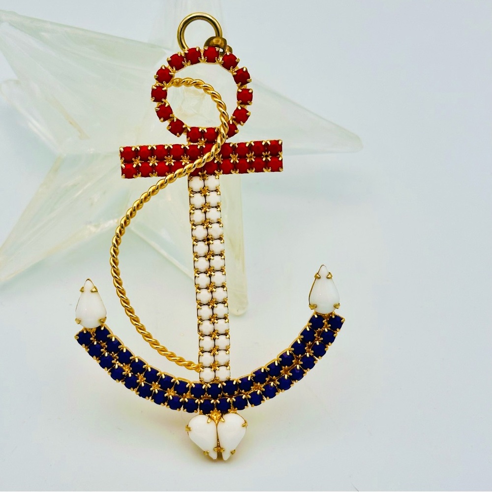 Vintage 70s Huge Nautical Anchor Patriotic Red White Blue Rhinestone Pendant